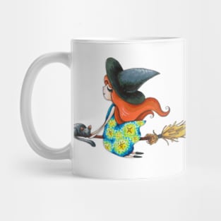 A little witch flies on a broomstick Mug